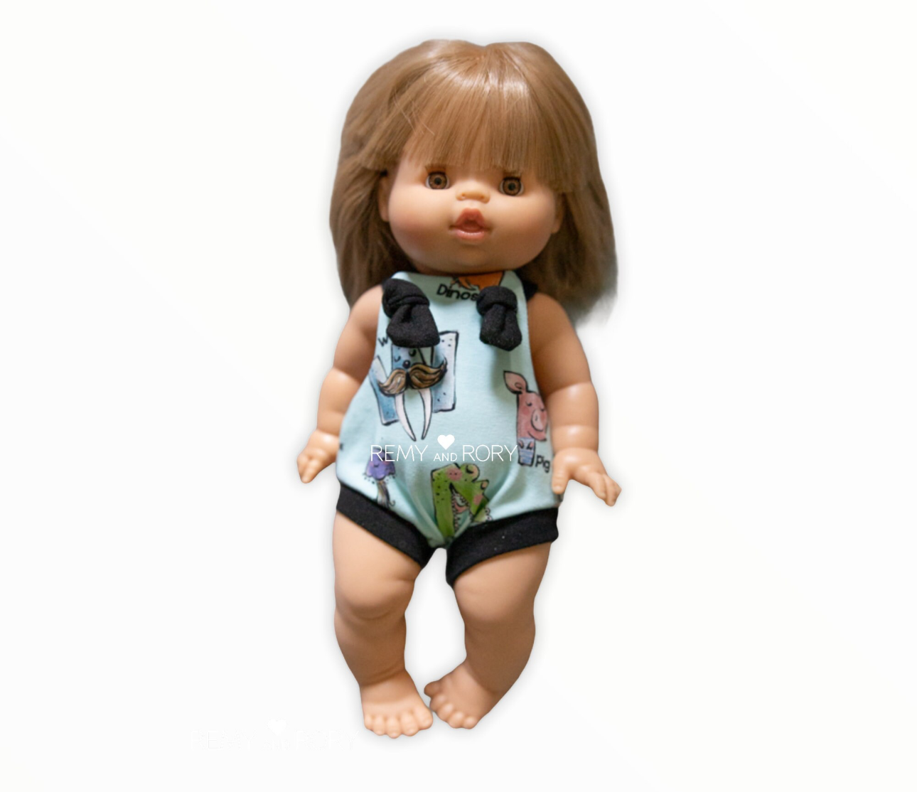 Knotted romper overalls for Minikane/Miniland/Paola Reina dolls, ABC animals