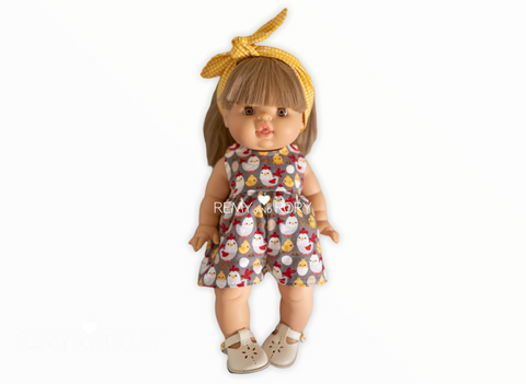 Doll romper and headband for Minikane/ Miniland/ Paola Reina dolls, chickens print