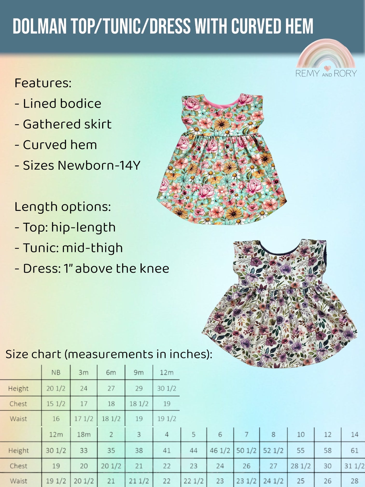 Dolman Top and Dress with Curved Hem, NB-14Y (December 2024 Custom Orders)