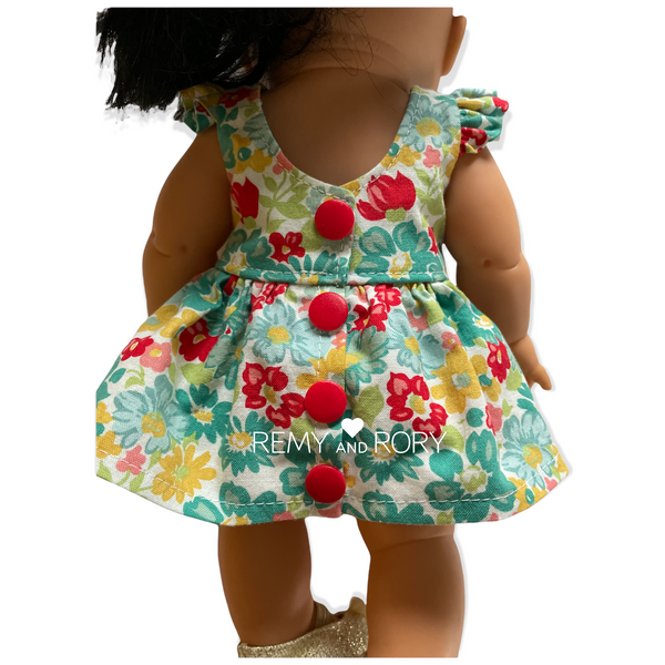 Dress for 13" Minikane/ Paola Reina dolls, floral print with bow bodice and flutter sleeves, snaps closure