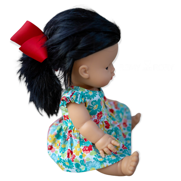 Dress for 13" Minikane/ Paola Reina dolls, floral print with bow bodice and flutter sleeves, snaps closure