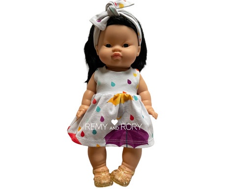 Dress and headband for Minikane/ Miniland/ Paola Reina dolls, umbrellas print