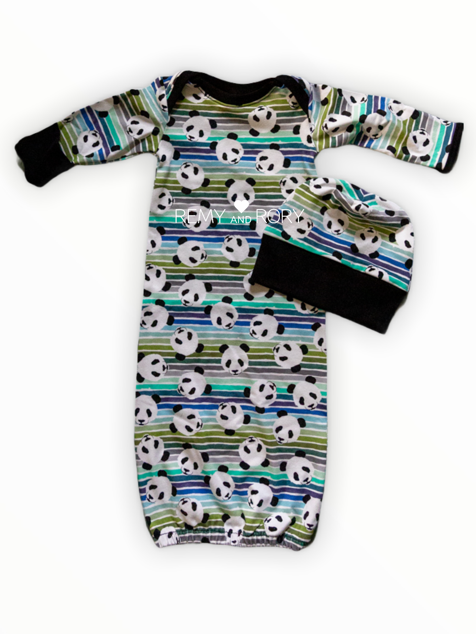 Size 3M pandas and cool stripes organic cotton baby gown and hat set