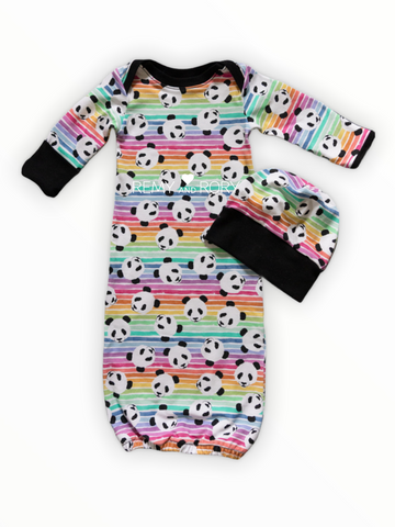 Size 3M pandas and rainbow stripes organic cotton baby gown and hat set