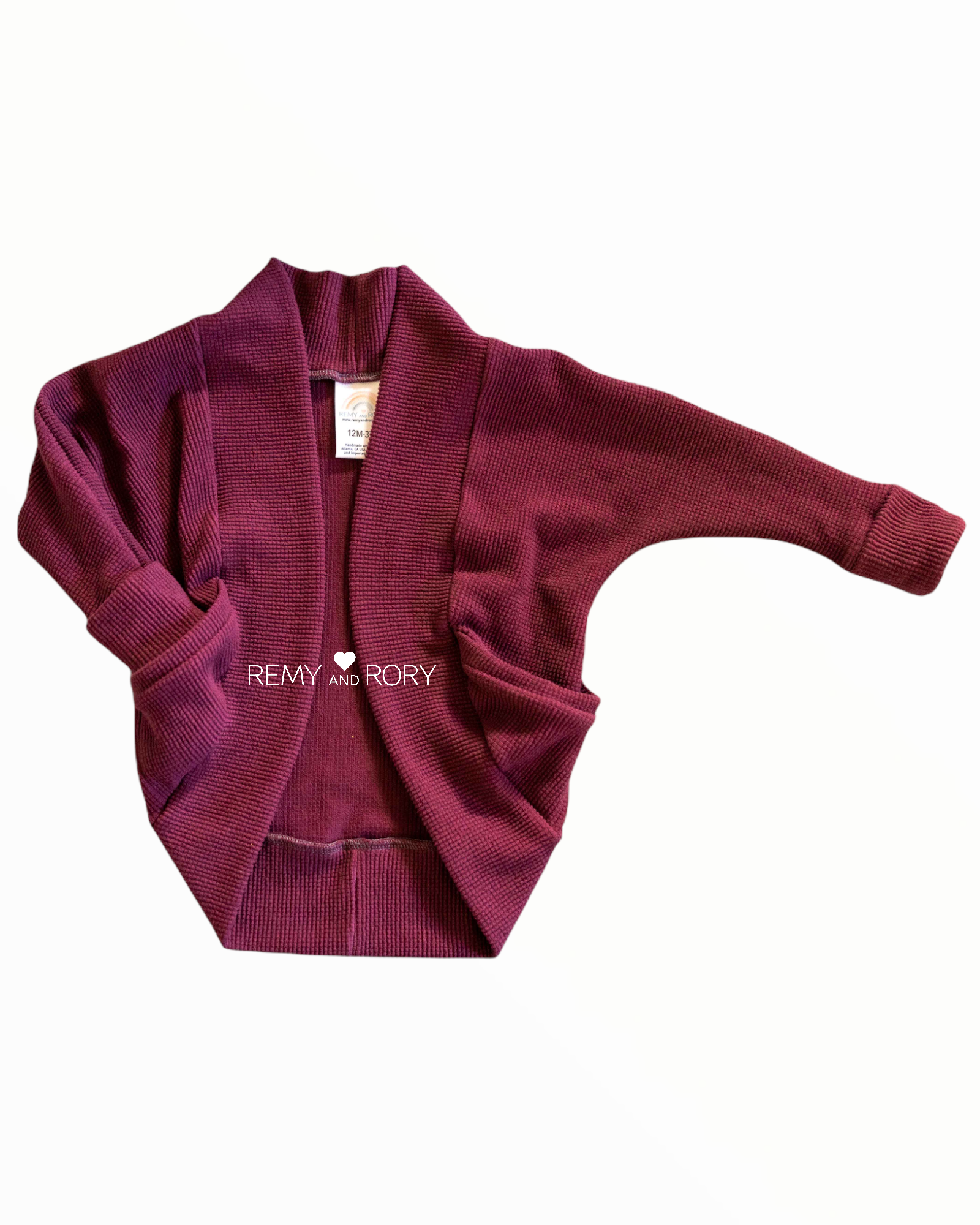 Size 12M-3T grow-with-me cocoon cardigan with pockets, organic waffle, plum