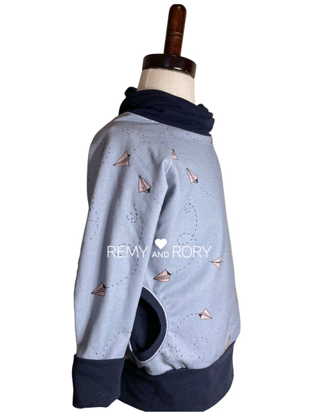 Size 2T-4T grow-with-me paper planes pullover